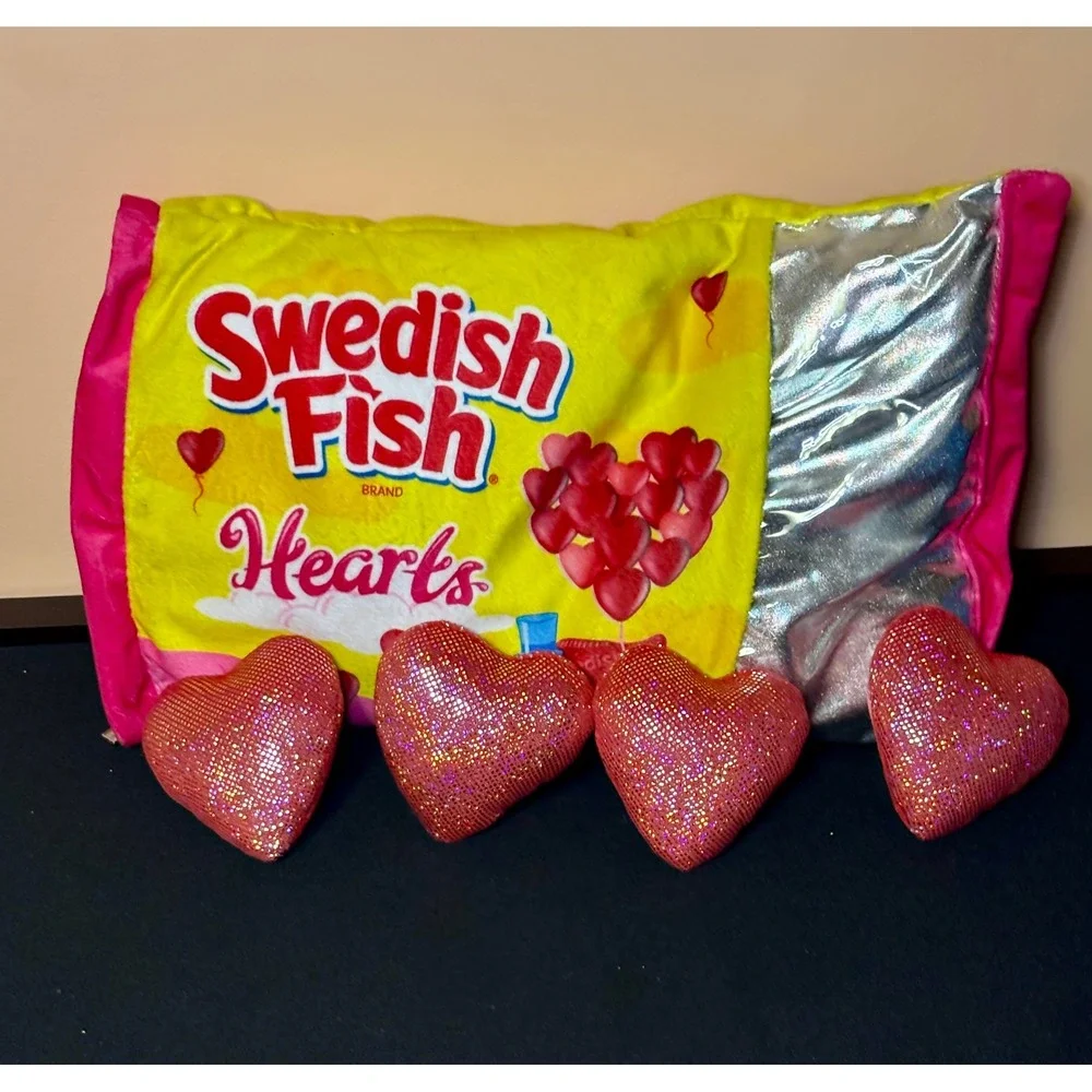 Iscream Swedish Fish Hearts Plush Pillow Yellow Pink Candy Bag with 4 Hearts